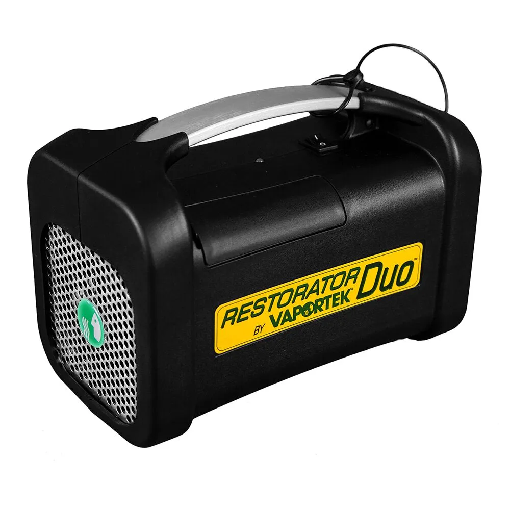 A portable black and silver device labeled Restorator DUO® by Vaportek, featuring a vented side panel and a sturdy carrying handle.