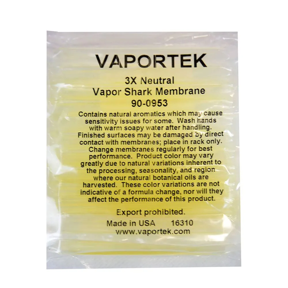 A clear plastic pouch labeled Vapor Shark Membrane, featuring product details, usage instructions, caution notes, and company info printed in black text.