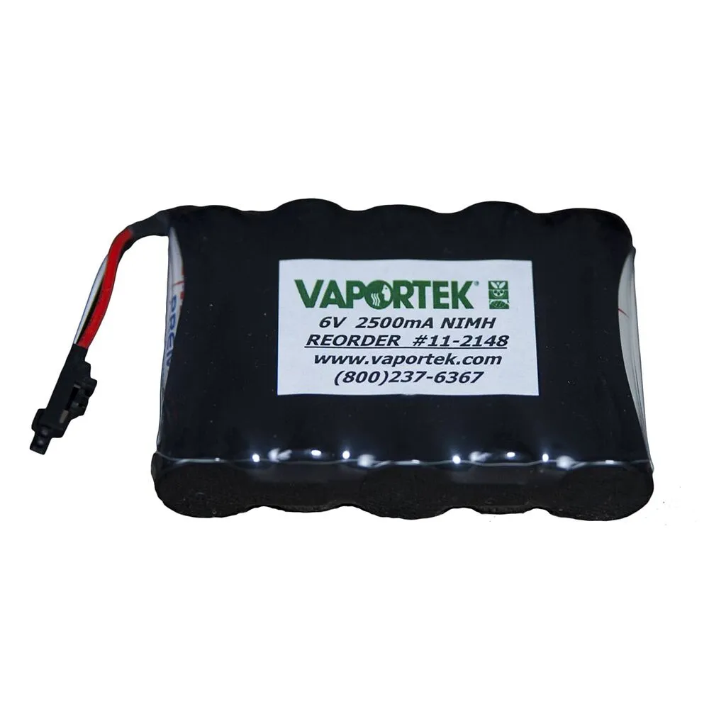 A black rectangular Restorator DUO® 6V 2500mA NiMH battery pack features a label with reorder info, website, and phone number. A red and black wire with connector is attached to one end.