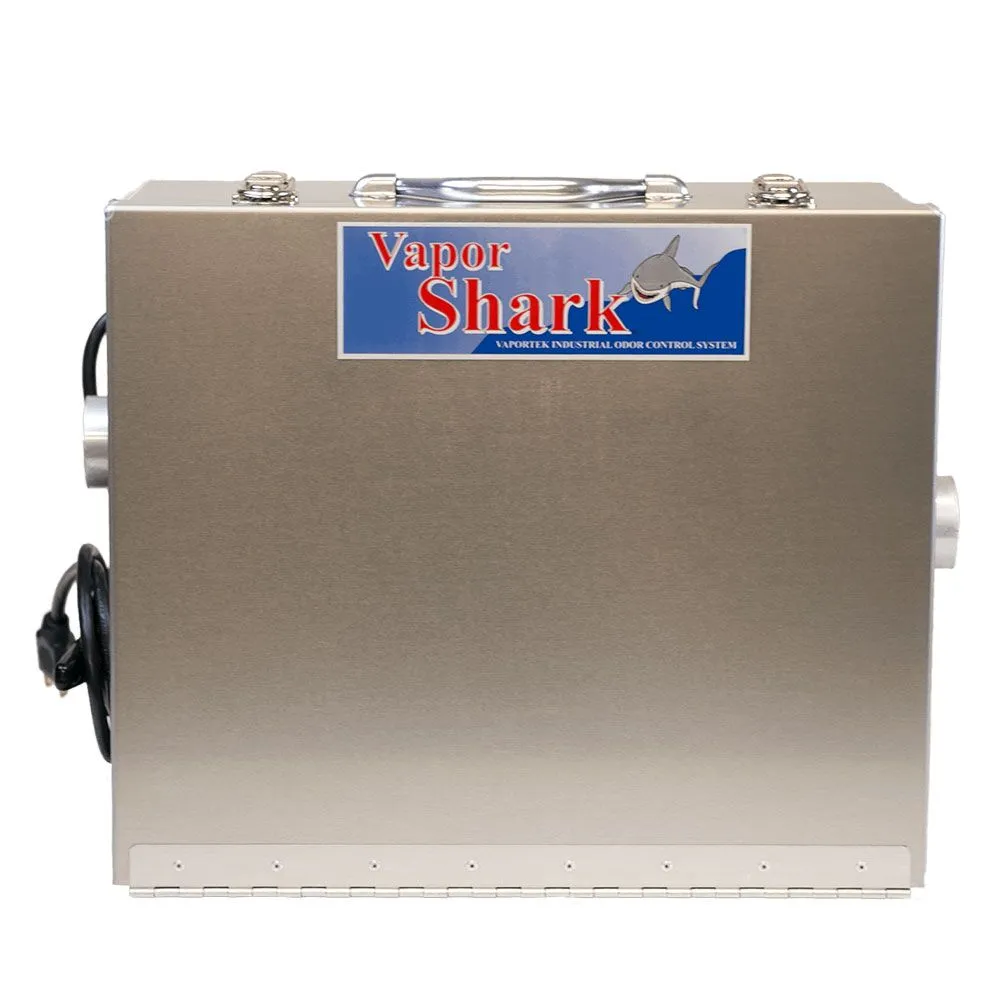 The Vapor Shark® industrial odor control system is made of stainless steel, features a top handle, a shark label, and has cables attached to the side.