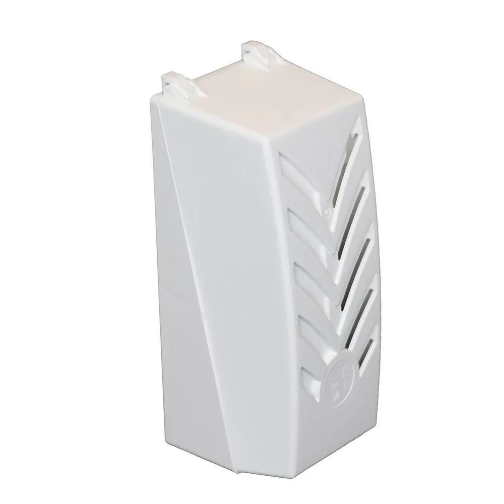The Vaportronic® 2.0 is a white plastic air freshener with a rectangular, slightly tapered shape and a vented front panel featuring diagonal slits.