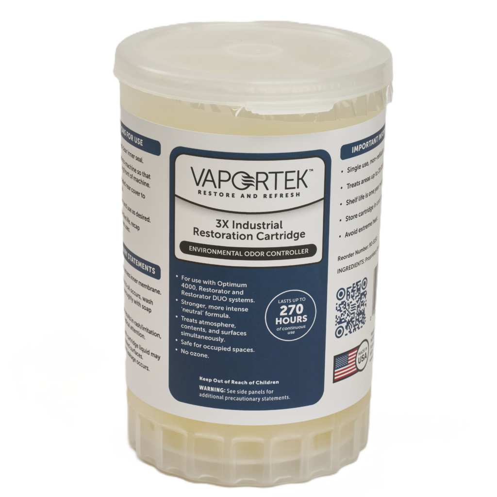 A white plastic container of Vaportek 3X Industrial Restoration Cartridge, labeled as an environmental odor controller that lasts up to 270 hours. The label shows usage instructions and important product information.