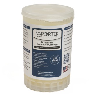 A white plastic container of Vaportek 3X Industrial Restoration Cartridge, labeled as an environmental odor controller that lasts up to 270 hours. The label shows usage instructions and important product information.