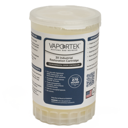 A white plastic container of Vaportek 3X Industrial Restoration Cartridge, labeled as an environmental odor controller that lasts up to 270 hours. The label shows usage instructions and important product information.