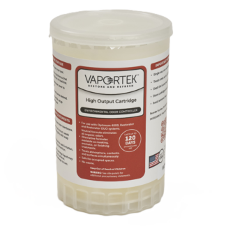 A white cylindrical container labeled Vaportek High Output Cartridge, Environmental Odor Controller. The label includes usage instructions, safety warnings, and notes it lasts up to 120 days.