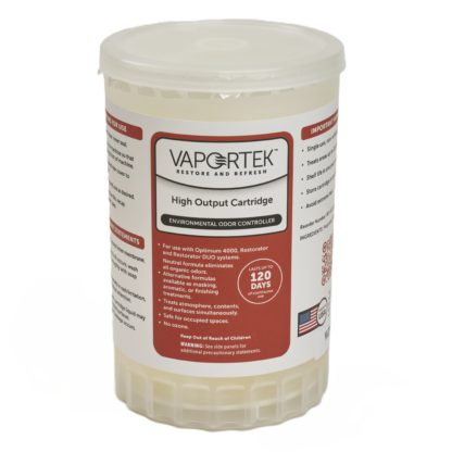 A white cylindrical container labeled Vaportek High Output Cartridge, Environmental Odor Controller. The label includes usage instructions, safety warnings, and notes it lasts up to 120 days.