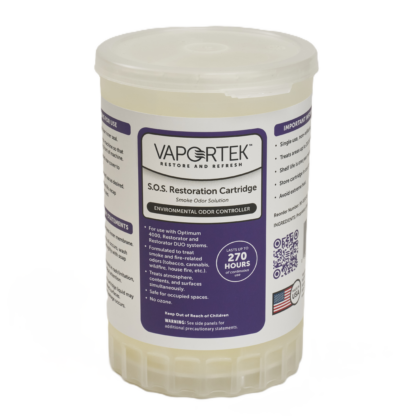 A plastic container labeled Vaportek S.O.S. Restoration Cartridge for smoke odor control, with instructions and details about 270 hours of use printed on the label; the container is white with a vented base.