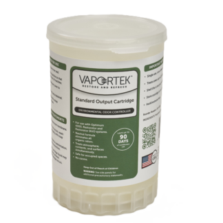 A Vapotek Standard Output Cartridge for environmental odor control, featuring a white cylindrical container with green and black text, used for odor neutralization in various spaces.