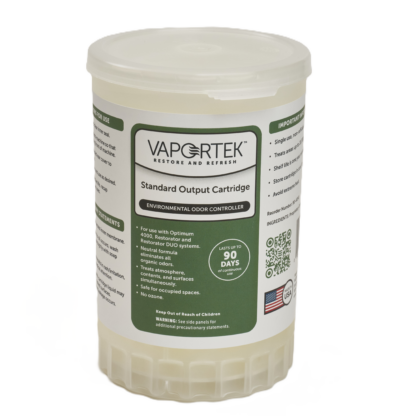 A Vapotek Standard Output Cartridge for environmental odor control, featuring a white cylindrical container with green and black text, used for odor neutralization in various spaces.