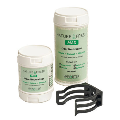 Two white cylindrical containers labeled “Fresh & EZ Combo Kit” with a black plastic clip in front—one regular size, one mini. The labels emphasize natural, effective odor removal.
