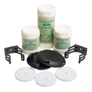 The Fresh & EZ Combo Kit includes three odor neutralizer containers, two black vent brackets, a black plastic dispenser, and four white circular pads arranged on a white background.