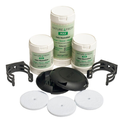 The Fresh & EZ Combo Kit includes three odor neutralizer containers, two black vent brackets, a black plastic dispenser, and four white circular pads arranged on a white background.