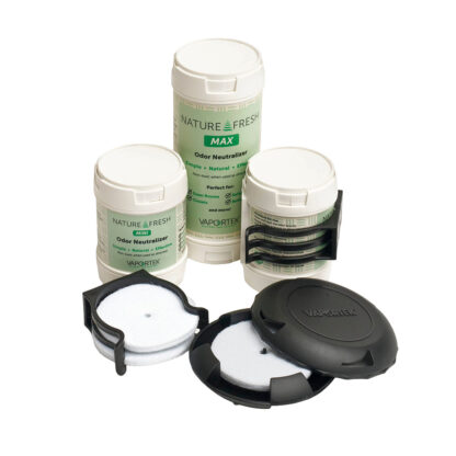 The Fresh & EZ Combo Kit, featuring three white odor neutralizer canisters and two black disk-shaped holders with white filters, is displayed on a white background and labeled for odor elimination.