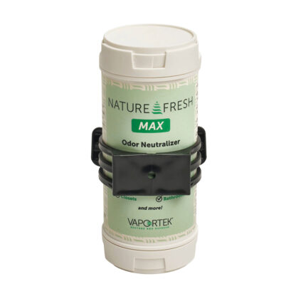 A white cylindrical container labeled Fresh & EZ Combo Kit with a green label and a black mounting bracket around the middle, by Vaportek, designed for odor control.