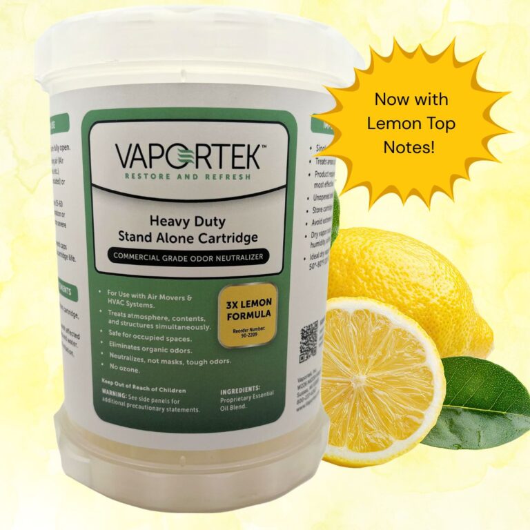 A Vaporktek Heavy Duty Stand Alone Cartridge container labeled 3X Lemon Formula is shown in front of fresh lemons. A yellow burst reads, Now with Lemon Top Notes!.