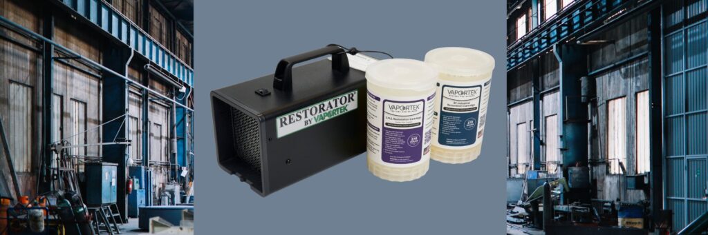 A black portable Restorator device with two Vaportex refills is displayed against a blue background, flanked by images of the interior of an industrial warehouse with high ceilings and large windows.